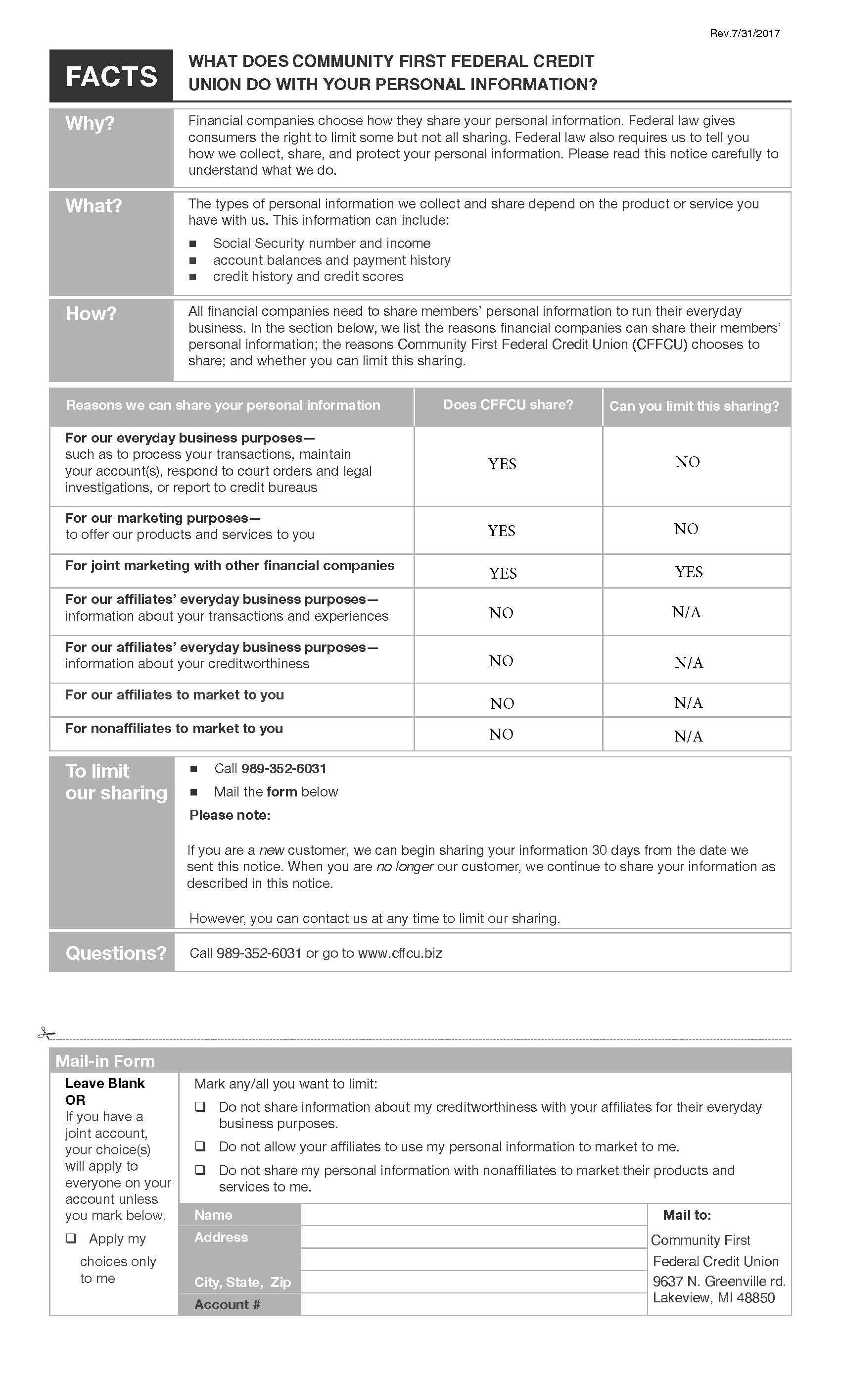 What does CFFCU do with your personal information flyer page 1