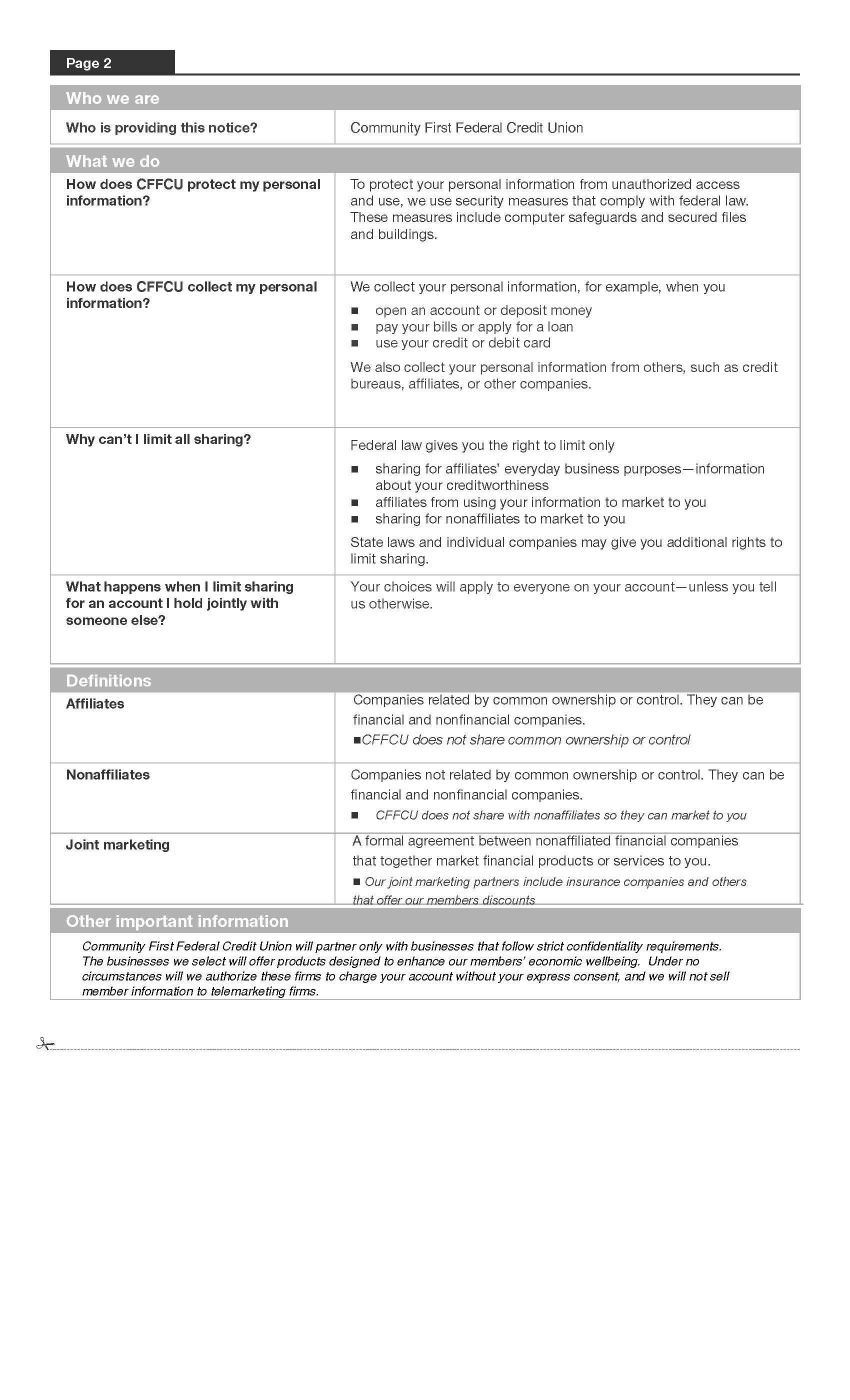 What does CFFCU do with your personal information flyer page 2